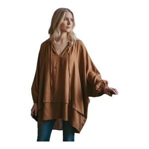 A New Day Womens Rust Tie Neck Long Sleeve Oversized Tunic Top XL